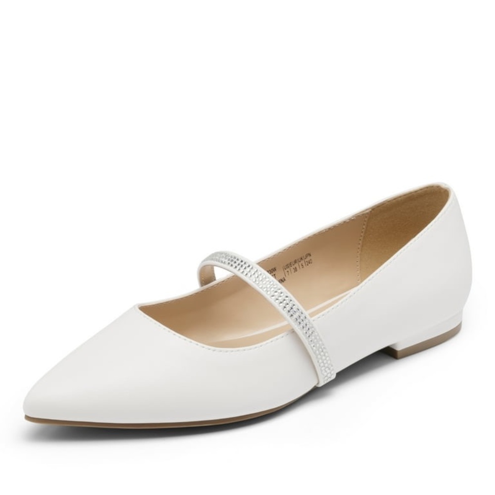 Pointed Toe Ballet Slip On Flats with Rhinestone Strap in White Size 8 New